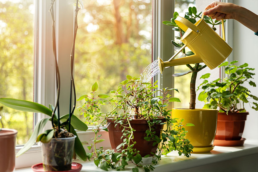 A person using a yellow watering can water a small, renovated plant garden in their home near large and open windows in Springfield, IL.