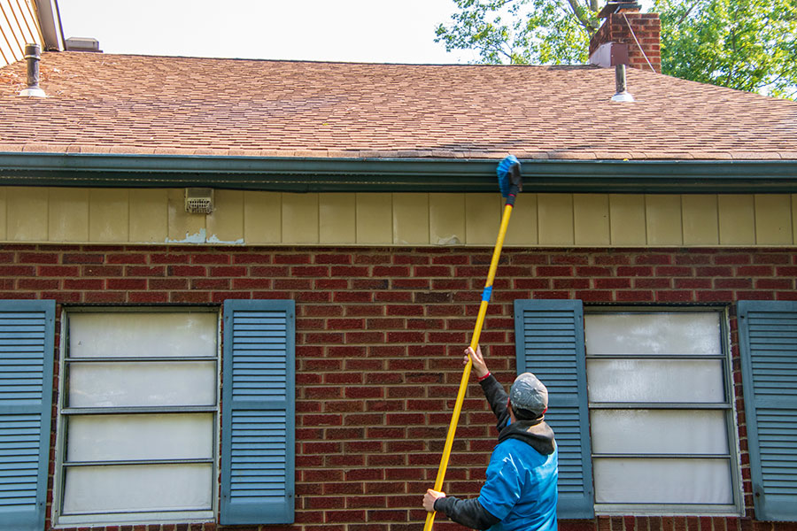 A home improvement expert using commercial tools to clean mold from a residential roof in Springfield, IL.