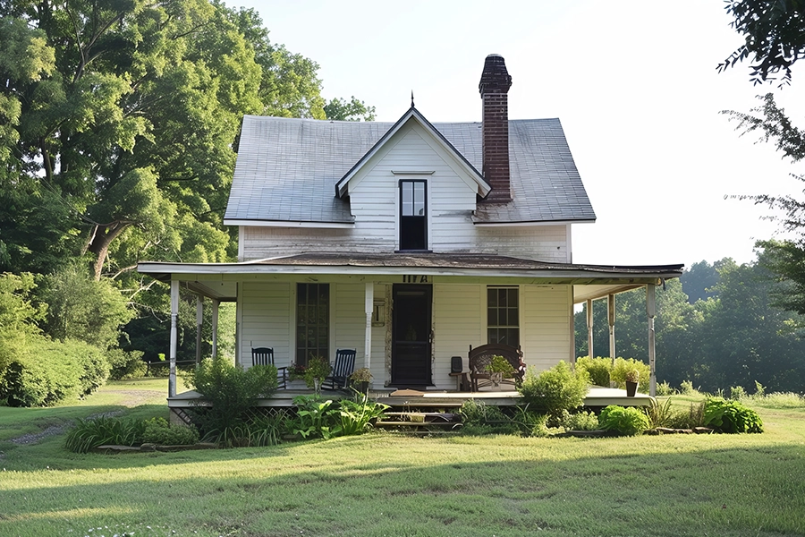 An old house in Springfield, IL, with a damaged, sagging porch roof in need of repairs.