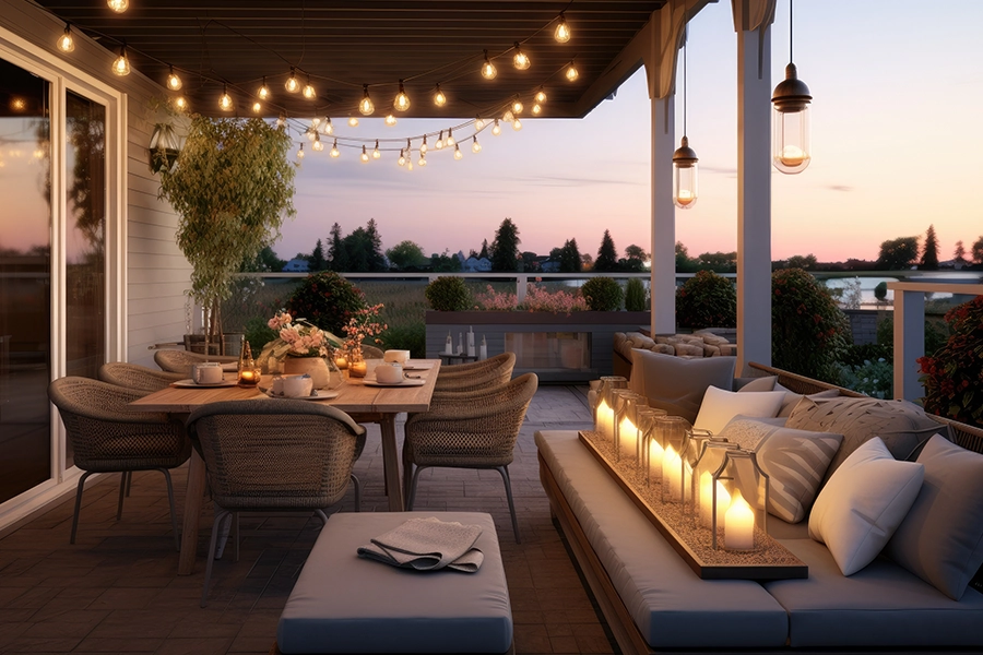 LED Rope lighting and lamps illuminate this deck space outside a home in Springfield, IL, at dusk.