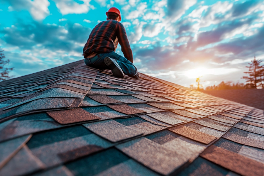 A professional roofer in a hard hat sitting on a shingled roof as the sun sets amid cloudy skies in Springfield, IL.