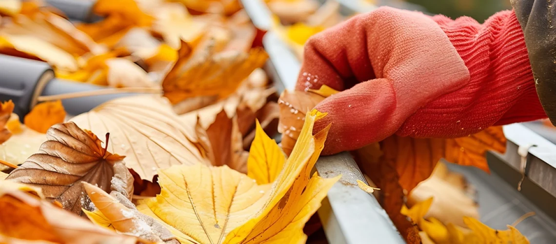 A homeowner with red gloves preparing for winter by removing autumn leaves from the roof gutters in Springfield, IL.